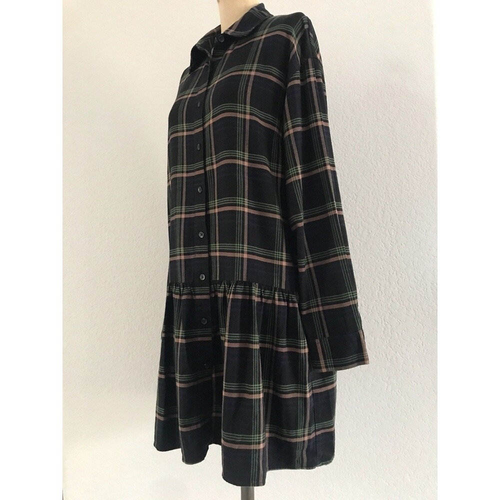 Uniqlo Navy Plaid Flannel Long Sleeve Drop Waist Casual Shirt Dress NWOT M - Picture 4 of 10